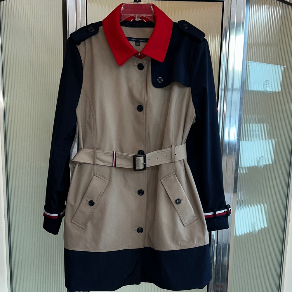Tommy Hilfiger Tan and Navy Trench Coat with Red Collar